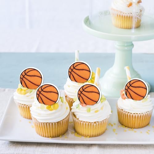 48 Pack Edible Basketball Cupcake Toppers Star Sports Ball Cupcake Picks Decorations for Edible Basketball Sports Players Theme Baby Shower Birthday Party Cake Decorations