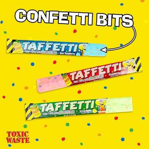TOXIC WASTE - TAFFETTI - Green Apple Sour Taffy with Crunchy Confetti Bits – Extreme Sour Chewy Candy – Novelty Fun Snack for Kids & Adults – 2.5 oz