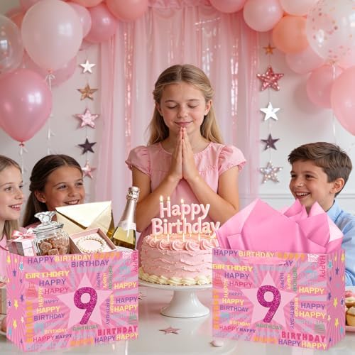 Woosytoo 9th Birthday Gift Bag for Girls with Tissue Paper & Card Pink Happy 9th Birthday Gift Wrapping Bag - Cute Glitter Star Party Supplies for Daughter Niece 9 Year Old