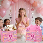 Woosytoo 9th Birthday Gift Bag for Girls with Tissue Paper & Card Pink Happy 9th Birthday Gift Wrapping Bag - Cute Glitter Star Party Supplies for Daughter Niece 9 Year Old