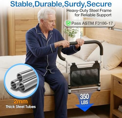Bed Rails for Elderly Adults Safety-ASTM Approved Adjustable Bed Assist Rail for Seniors,with Storage Bag & Fixing Strap, Foldable Bed Assist Handle -Non-Slip Ergonomic Handle