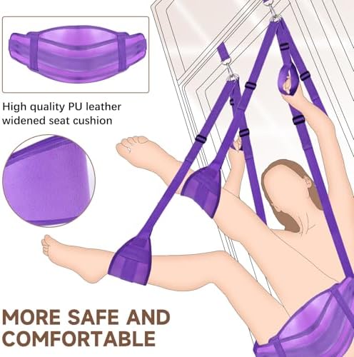 BDSM Door Sex Swing with Seat, Bondage Slave Leather Soft Plush Sex Slings with Adjustable Straps, Hanging Door Handcuffs Leg Restraints Spreader Adult Sex Toys for Couple, Holds up to 300lbs (Purple)