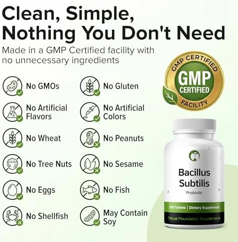 Bacillus Subtilis Probiotic 240 Tablets (4 Month Supply) – Researched Strain BS31 – 3 Billion CFU – Digestive Health & Immune Support – GMP Certified (240, Bacillus Subtilis)