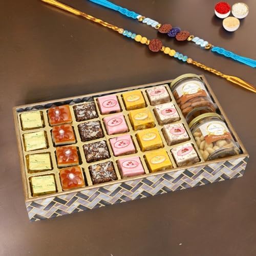 Ghasitaram Gifts Rakhi Gifts for Brothers Big Printed Tray of Assorted Bites, Roasted Cashews and Almonds Jars with 2 Blue Rudraksh Rakhis