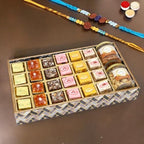 Ghasitaram Gifts Rakhi Gifts for Brothers Big Printed Tray of Assorted Bites, Roasted Cashews and Almonds Jars with 2 Blue Rudraksh Rakhis