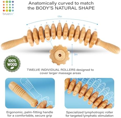 Bruizex Wood Therapy Massage Tool, Lymphatic Drainage Massage Roller Stick - Leg, Back & Thigh Muscle Roller for Post Liposuction & Fibrosis Treatment, 360 Lipo, Tummy Tuck & BBL, Lipo Foam