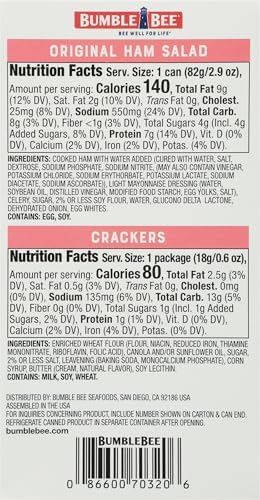 Bumble Bee Snack On The Run! Protein Snack Pack - Ham Salad with Crackers - 8g Protein per Box - Ready to Eat Easy-Open Can (Pack of 1)