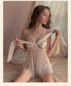 GRAYDREAM Sexy Nightgowns for Woman Beautiful See-through Mesh Big Bow Lace Temptation Nightgown Suit