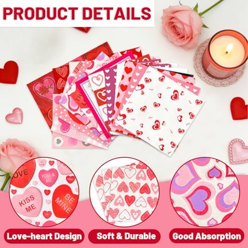 24 Pack Decoupage Napkins 13x13 inch Assorted Red Love Heart Decorative Paper Napkins for Valentine's Day, Wedding, Mother's Day,mothers day decorations and Anniversary