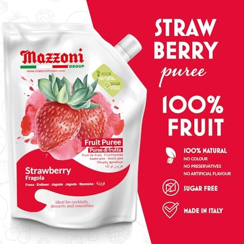Mazzoni - Strawberry Puree, 100% Pure Strawberries, Just Fruit, No Sugar Added, Real Fruit Mixer for Cocktails, Drinks, Smoothies - 35.2 Fl Oz (2.2 lb), Convenient Pouch, Made in Italy