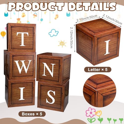 Czlotyh Twins Baby Shower Decorations Baby Boxes with Letters 5pcs Wood Baby Shower Brown Blocks with 5pcs Letters for Twins Balloon Boxes Gender Reveal Birthday Party Favors