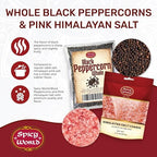 Spicy World Whole Black Peppercorns 16 Oz + Himalayan Pink Salt Coarse 1.75 LB (28 Oz)