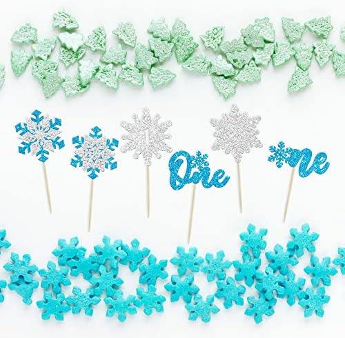 Gyufise 24Pcs Snowflake One Cupcake Toppers Blue Silver Glitter Winter Snowflake 1st Birthday Party Cupcake Picks Snowflake Theme Baby Shower First Birthday Party Cake Decorations Supplies
