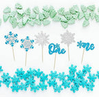 Gyufise 24Pcs Snowflake One Cupcake Toppers Blue Silver Glitter Winter Snowflake 1st Birthday Party Cupcake Picks Snowflake Theme Baby Shower First Birthday Party Cake Decorations Supplies