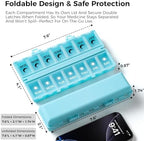 Foldable Pill Organizer Weekly 2 Times a Day, 7 Day Portable AM PM Travel Pill Case with Black&White Labels, Dual-Protection Daily Medicine Box, Large Pill Container for Vitamin/Supplement-Blue
