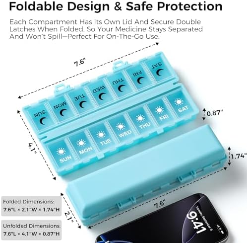Foldable Pill Organizer Weekly 2 Times a Day, 7 Day Portable AM PM Travel Pill Case with Black&White Labels, Dual-Protection Daily Medicine Box, Large Pill Container for Vitamin/Supplement-Blue