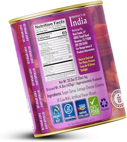 Rani Rasmalai (Soft Cheese Dumplings) 35.3oz (2.2lbs) 1kg, Approximately 14 pieces, Easy Open Lid ~ Ready to eat | Gluten Free | Non-GMO | Kosher | Indian Origin