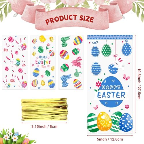 Easter Cellophane Treat Bags, Easter Gift Bags, Easter Goodie Bags, Plastic Clear Cello Colorful Eggs Bunny Easters Candy Cookies Goody Snack Bag with Ties for Easte Party Favors Supplies, 50 Pcs