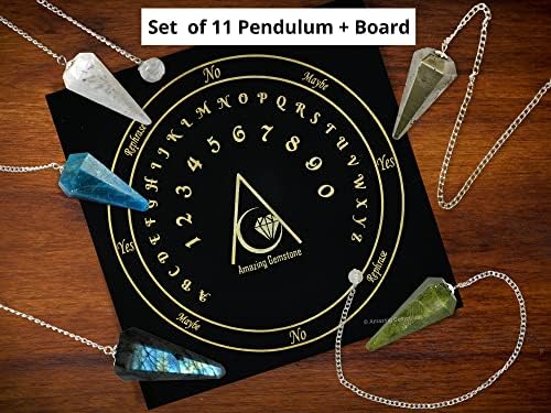 Amazing Gemstone Pack of 11 Crystal Pendulums Bulk Set with Pendulum Board - Wholesale Bulk Crystals