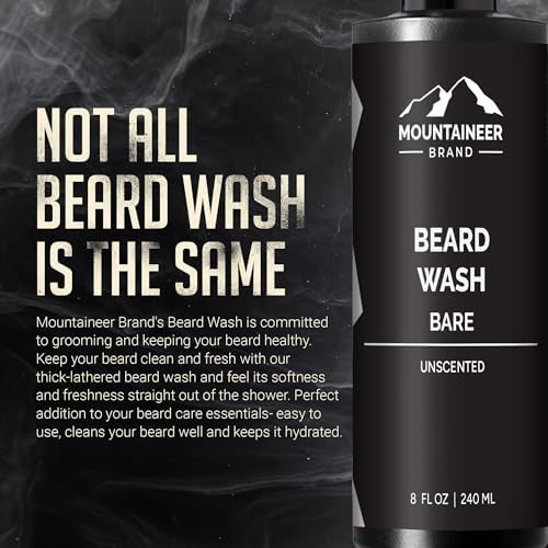 Mountaineer Brand Beard Wash For Men | 100% Natural Beard Shampoo | Thick Cleaning Softening Lather for Hair and Skin | Hydrate and Detangle | Grooming Treatment | Bare Unscented 8oz