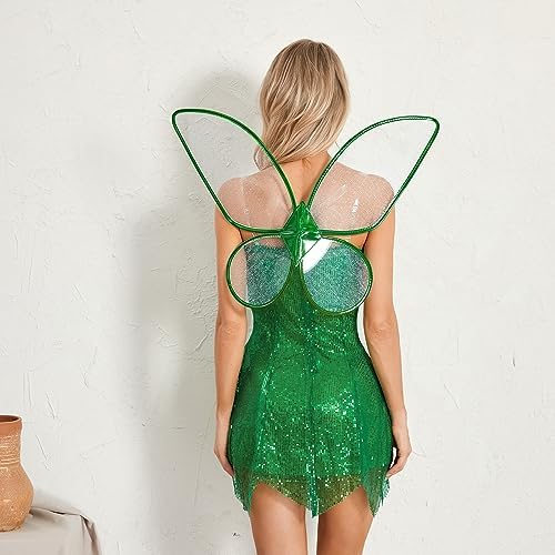 fyclemt Women's Halloween Forest Fairy Costumes Green Sequin Shiny Dress Cosplay Dress Up with Wings Fancy Decorations Party