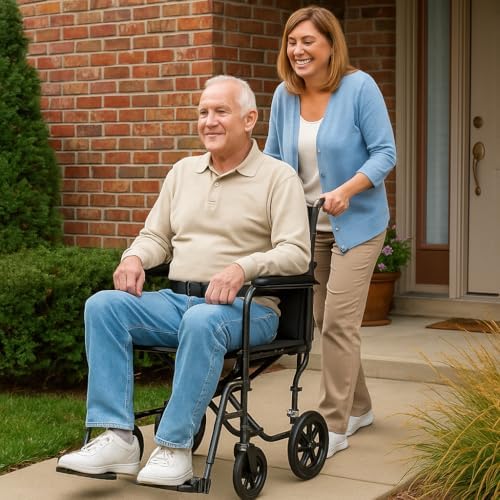 Dr Dunley Folding Transport Wheelchair with Swing-Away Footrests,19" Wide Padded Seat, Full-Length Armrests