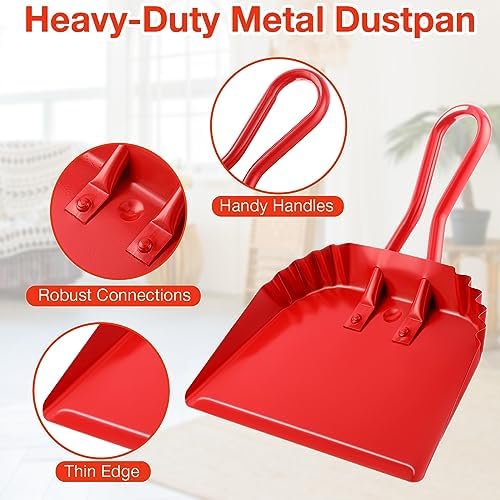 Mumufy 2-Pack Heavy Duty Stainless Steel Red Dustpan - 12" Wide Metal Edge for No-Leak Sweeping, Rust-Resistant for Home Garage Studio Courtyard Indoor Outdoor