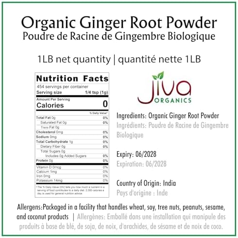 Jiva Organics Organic Ginger Root Powder 1 LB Jar - Gluten Free, Non-GMO - for Cooking, Baking, Tea & More - Bulk Ginger Ground Dry