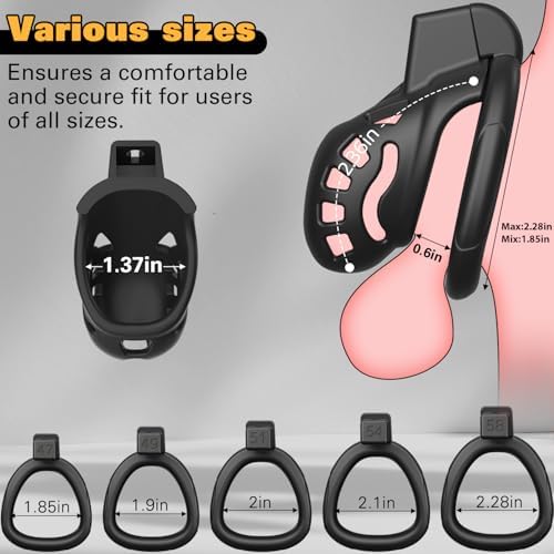 Male Chastity Cage with 5 Size Rings, Lightweight Breathable Chastity Device with Invisible Lock, Comfortable Fit with Ventilated Design & Urination Hole (S,Black)
