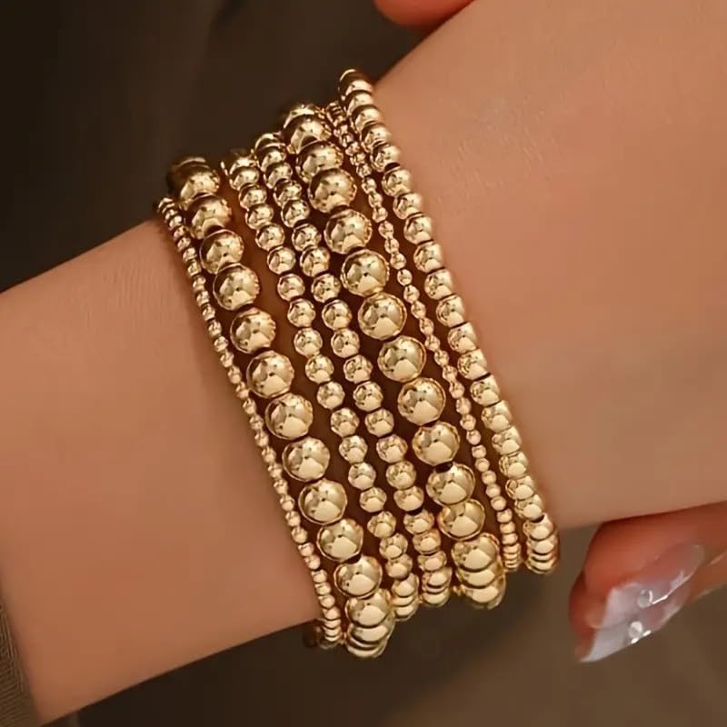 Gold Beaded Bracelets Adjusatable 14K Gold Plated Stackable Bracelets Stretch Bead Ball Bracelet Set for Women 3MM 4MM 6MM 8MM Beads Jewelry