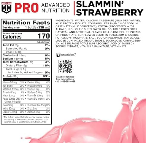 Muscle Milk Pro Advanced Nutrition Protein Shake, Slammin' Strawberry, 11.16 Fl Oz (Pack of 12), 32g Protein, 1g Sugar, 16 Vitamins & Minerals, 5g Fiber, Bottled Liquid, Gluten Free