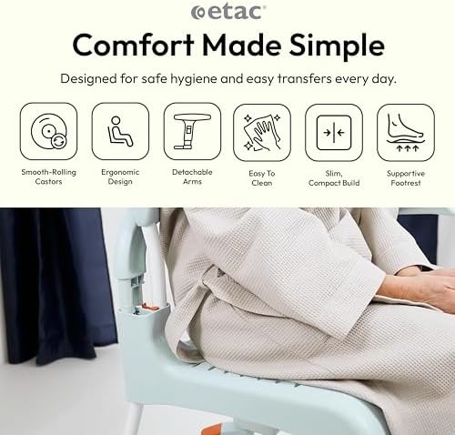 Etac Clean Shower Commode Chair – 19 1/4 Inches Fixed Height, Removable Armrests, Ergonomic Footrest – Easy-to-Maneuver Shower Chair with Wheels, Slim Design Fits Doorways