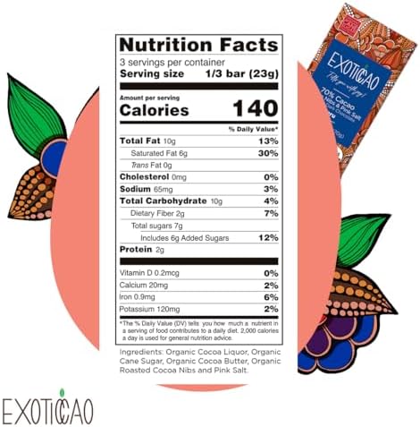 EXOTICCAO 8 Pack Cacao Nibs & Pink Salt Organic Dark Chocolate Bars|Cane Sugar|Gluten-Free, Vegan, Non GMO,Dairy free, Soy Free|70% Cacao|2.47 oz Each