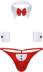 JanJean Mens 3Pcs Waiter Lingerie Set Tuxedo Thong with Bow Tie Collar and Cuff Underwear Set