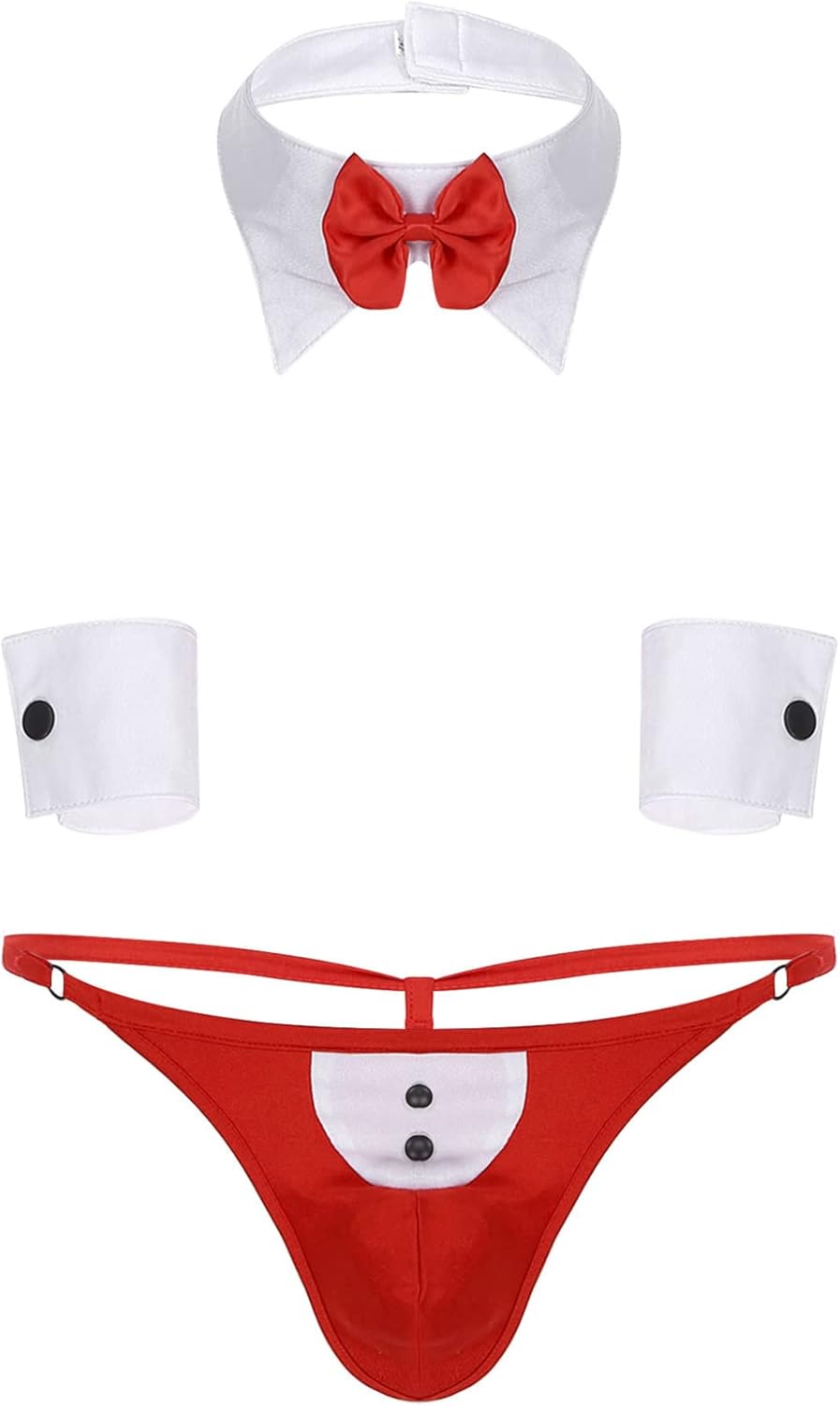 JanJean Mens 3Pcs Waiter Lingerie Set Tuxedo Thong with Bow Tie Collar and Cuff Underwear Set