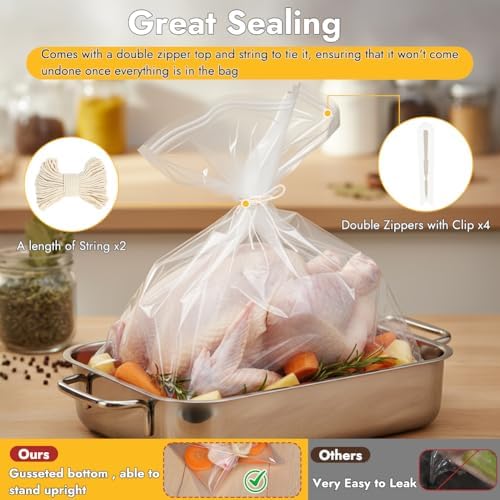 YQL Brining Bags - 4 Pack, 22"x26", Holds Up to 35lb with Cotton Strings, Double Zipper Seal, Ideal for Turkey, Chicken, Pork, Ham, Large Roasts, Brining& Marinating