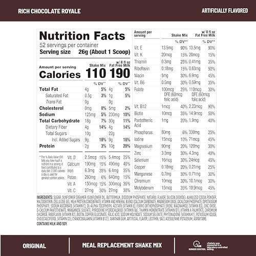 SlimFast Meal Replacement Powder, Original Rich Chocolate Royale, Weight Loss Shake Mix, 10g of Protein, 52 Servings (Packaging May Vary)