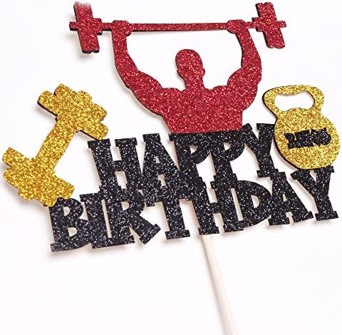 Weightlifting Cake Topper Happy Birthday Sign Cake Decorations for Men Boy Weight Lifting Gym Fitness Themed Birthday Party Supplies Black Glitter Decor