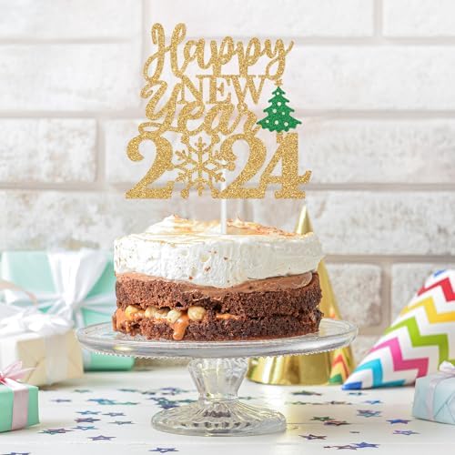 Happy New Year 2024 Cake Topper, Cheers and Beers to New Year Eve Cake Decorations, Goodbye 2023 Hello 2024, Glittery Welcome New Year Party Decorations