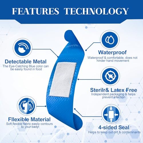 Geiserailie 200 Pcs Blue Bandages 3 ''x 1'' Food Service Metal Detectable PE Waterproof Adhesive Bandages Bulk Sterile Processing Non Stick Pad Latex Free for First Aid & Wound Care Protection
