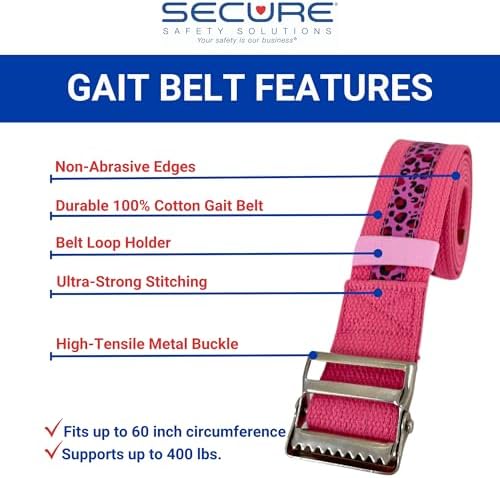 Secure Safety Solutions Gait Belt for Seniors 60”, Pink Leopard - Quick Release Metal Buckle - Transfer Walking Gate Lift Assist Elderly PT Physical Therapy