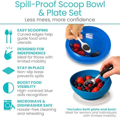 Vive Spill-Proof Scoop Plate & Bowl (2 Pack) - Dish with Wall for Disabled, Handicapped, Elderly Adults with Parkinsons, Dementia, Alzheimers, Stroke, Tremors - Adaptive Aid & Senior Must Have