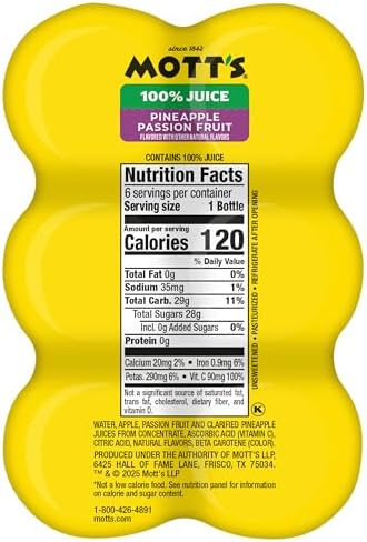 Mott’s 100% Pineapple Passion Fruit Juice Blend, 8 fl oz bottles, 24 Count (4 Packs Of 6)