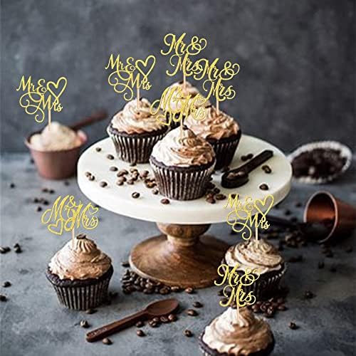 24 PCS Mr & Mrs Cupcake Toppers Glitter Love Heart Cupcake Picks Wedding Engagement Cake Decorations for Bridal Shower Theme Birthday Party Supplies Gold