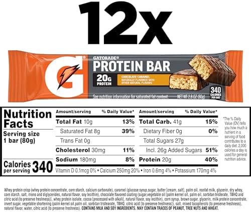 Gatorade Whey Protein Bars, Chocolate Caramel, 2.8 oz bars (Pack of 12, 20g of protein per bar)
