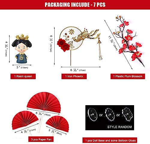Traditional Chinese Wedding Cake Toppers - Set of 7 - Queen Figurine, Plum Blossom, Phoenix, 3 pcs Fans and Doll Base