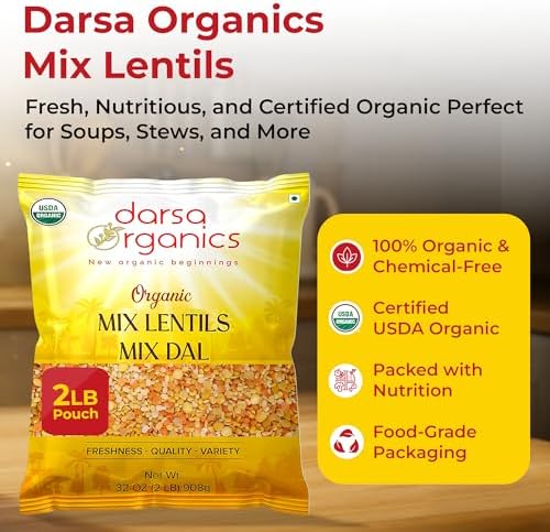 Darsa Organics Mixed Lentils (Panchratna Dal) 2lb | USDA Organic, Non-GMO, Kosher | Superfood Rich in Protein & Fiber | Great for Soup Mix, Stews, & Curries
