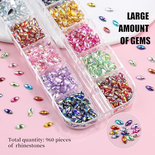 960Pcs Horse Eye Nail Rhinestones, 12 Colors Sparkling Shiny Crystal AB 3D Flatback Gems Shiny Nail Diamonds with Tweezers and Dual-end Brush for Crafts DIY, Face Makeup Gems Jewels (10-K1)