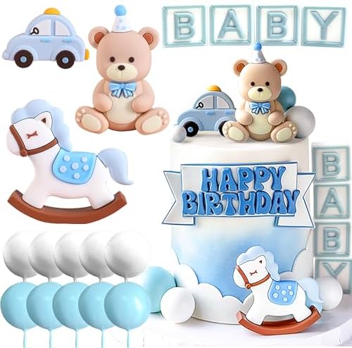 JeVenis Blue Bear Cake Decoration With Gold Balls Topper for Baby Shower and Birthday