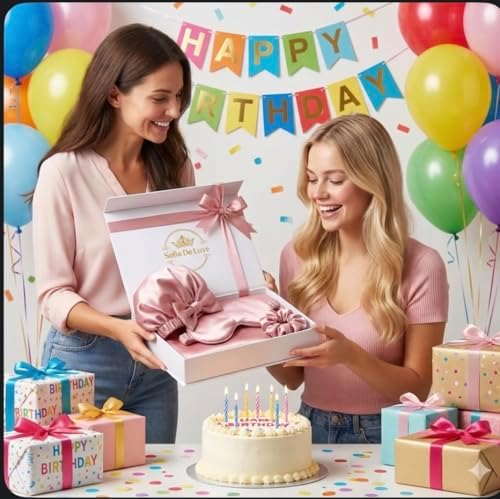 4-Piece Satin Sleep Set Gift Box for Women - Includes Hair Bonnet, Eye Mask, Pillowcase & Scrunchie - Luxury Self Care, Bridesmaid & Mom Gifts - Pink